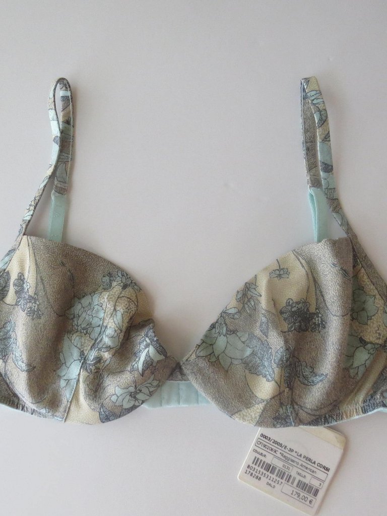 La Perla Silk Bra, Vintage Italian Floral, Sage Green Blue Print, Made In Italy